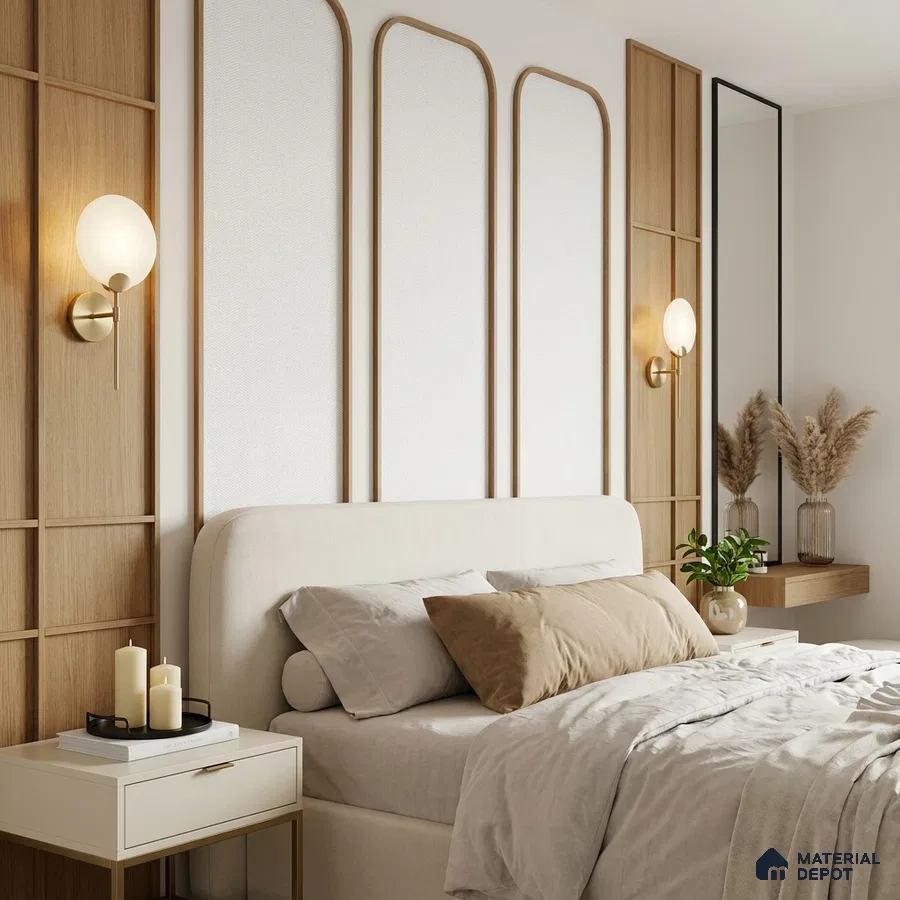 Japandi bedroom with natural wood panels and beige upholstered bed