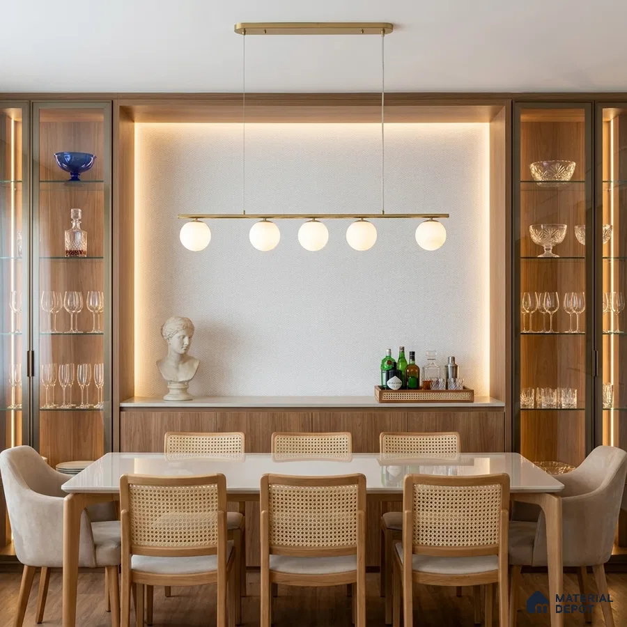 Scandinavian dining room with white tabletop, natural oak wood cabinetry, and cane back chairs