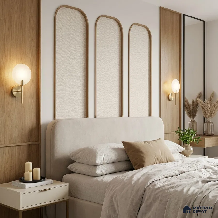 Japandi bedroom with natural wood panels, beige suede upholstered bed, and neutral palette