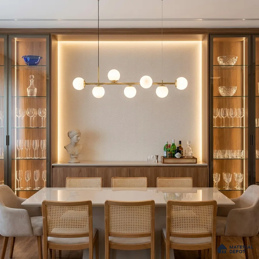 Modern dining room with white quartz table, natural oak wood cabinetry, and glass display units