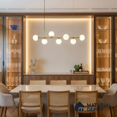 Modern dining room with white quartz table, natural oak wood cabinetry, and glass display units