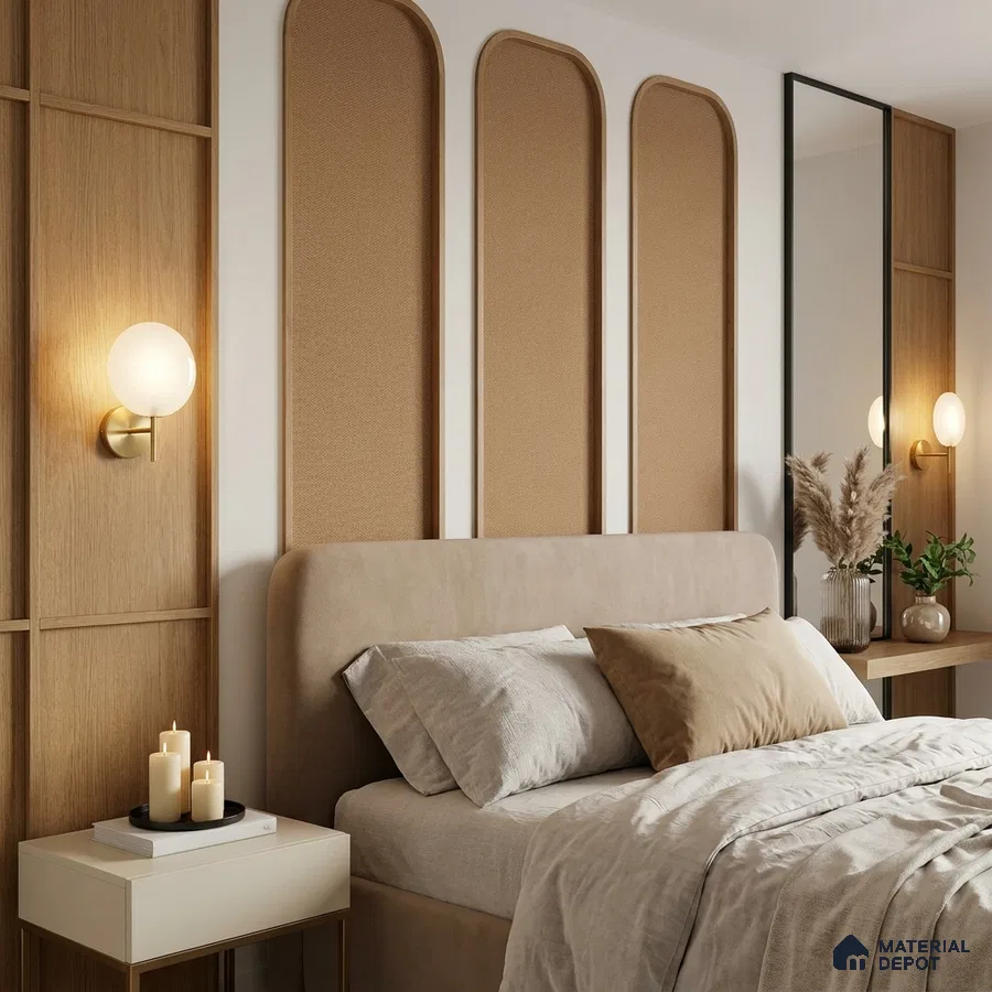Japandi bedroom with natural wood panels and suede upholstered bed