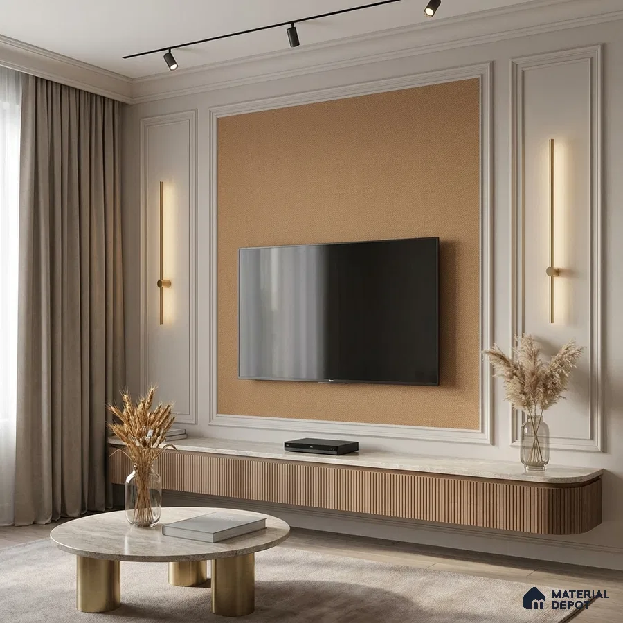 Modern living room with beige textured wall panel, fluted wood TV unit, and marble coffee table