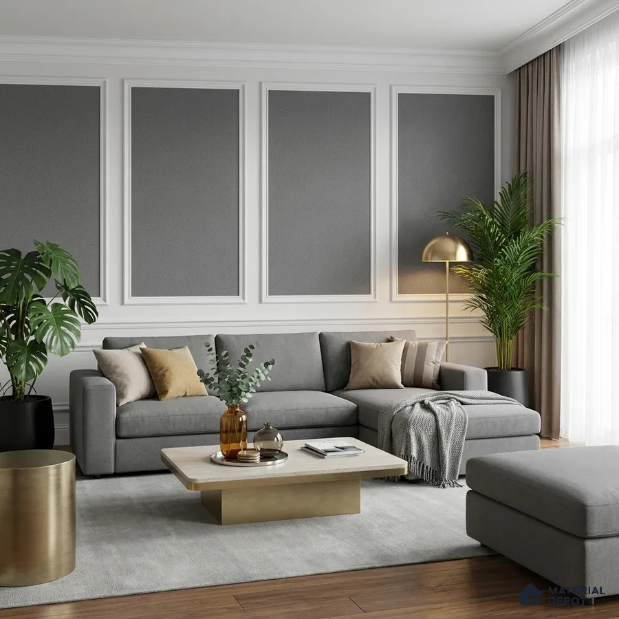 Modern living room with grey fabric sofa, gold accent table, and wood flooring
