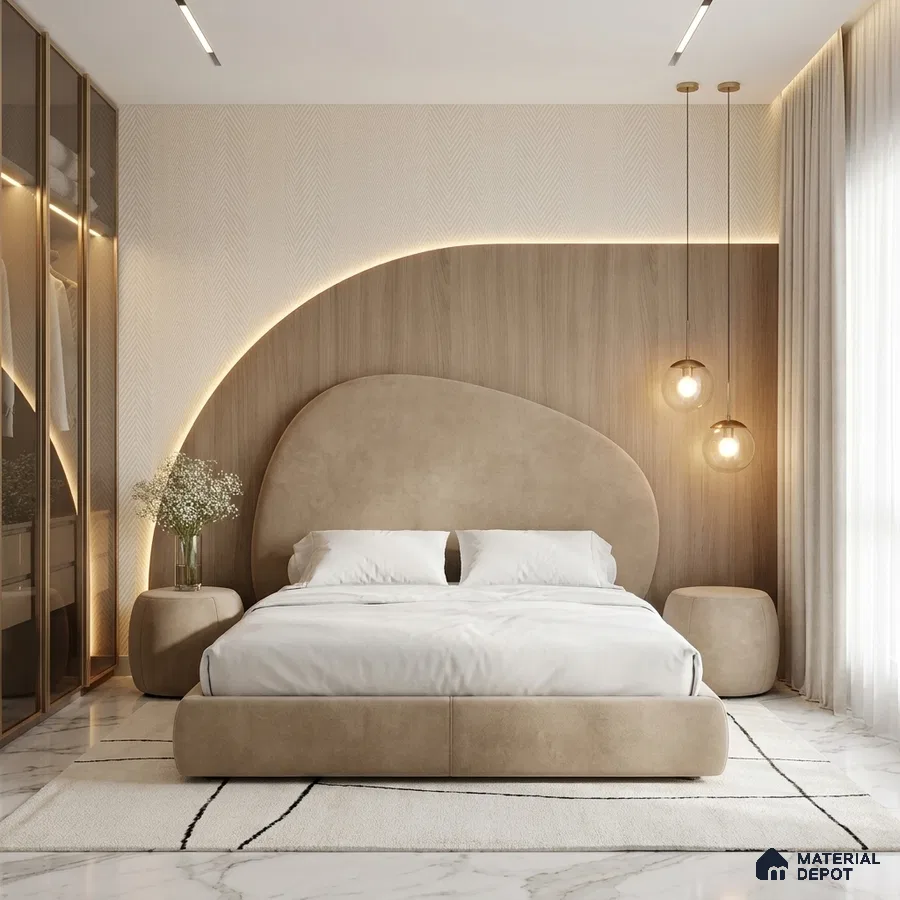 Minimalist bedroom with suede upholstered bed, light wood panel accent wall, and white marble flooring