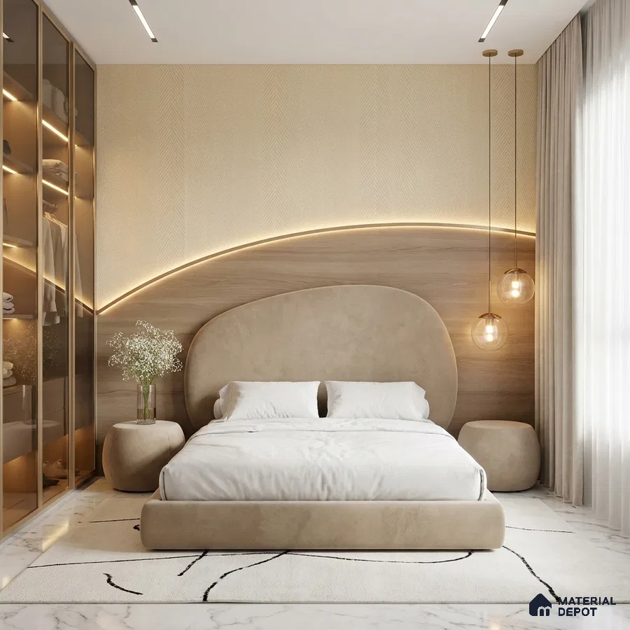 Minimalist bedroom with suede upholstered bed, light wood panel accent wall, and marble floor tile