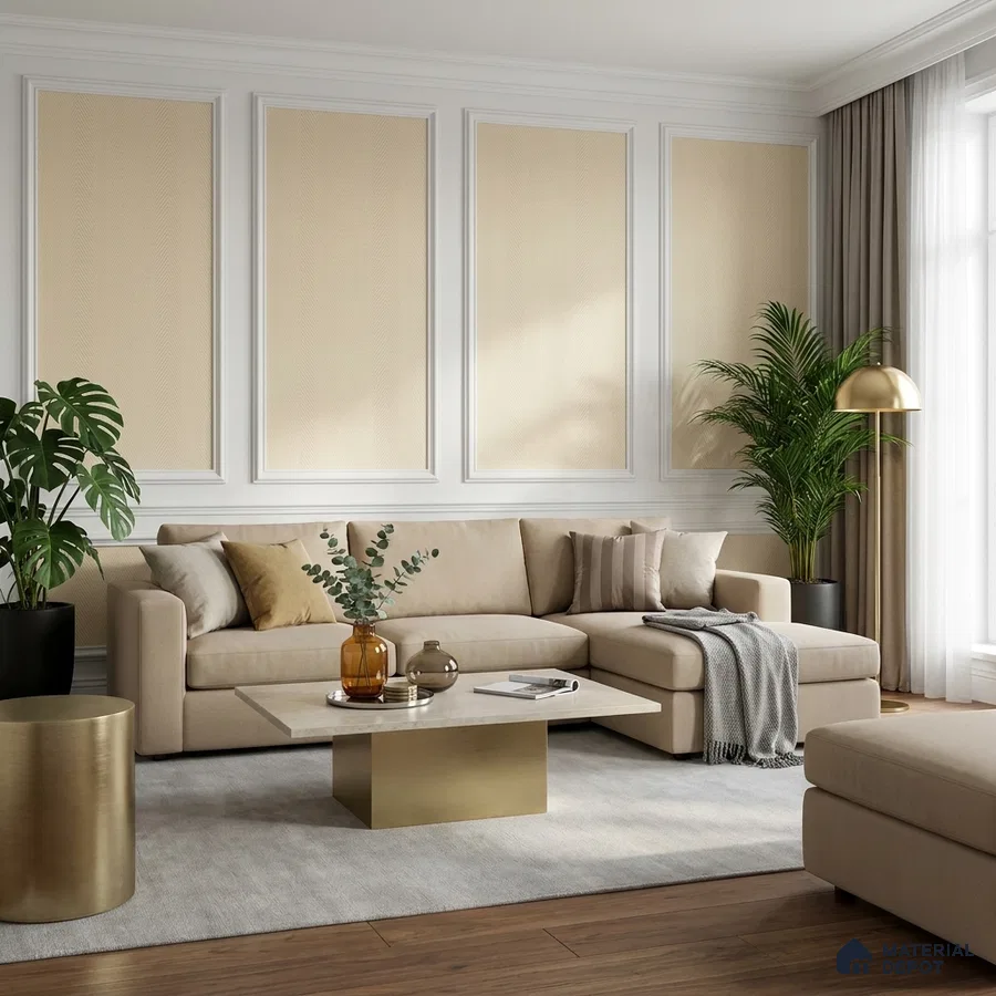 Modern living room with beige fabric sofa, marble top coffee table, and gold accent decor