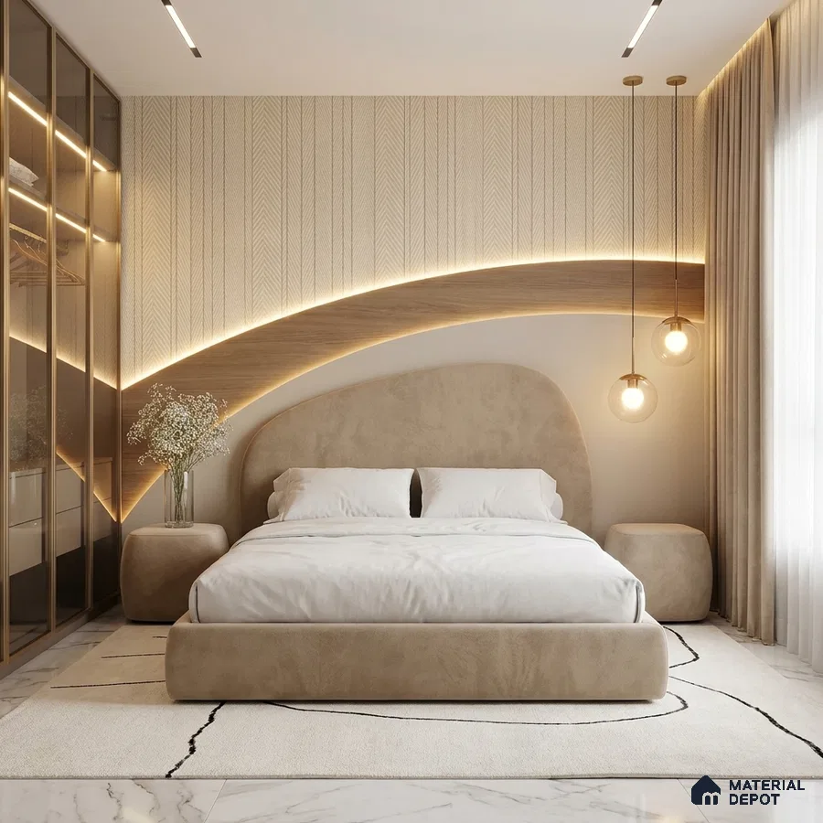 Minimalist bedroom with suede upholstered bed, light wood accent panel, and marble floor tile