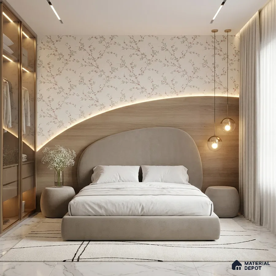 Japandi bedroom with floral wallpaper, natural wood panel accent, and suede upholstered bed