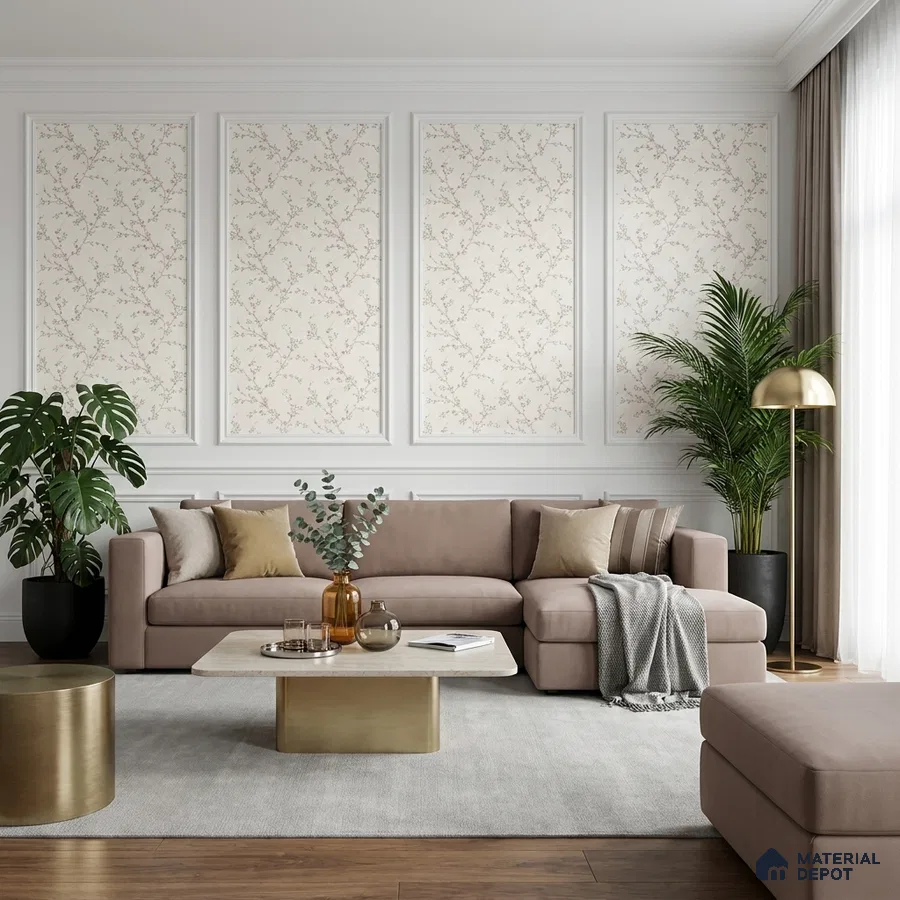 Modern living room with floral wallpaper panels, beige suede sofa, and brass accents
