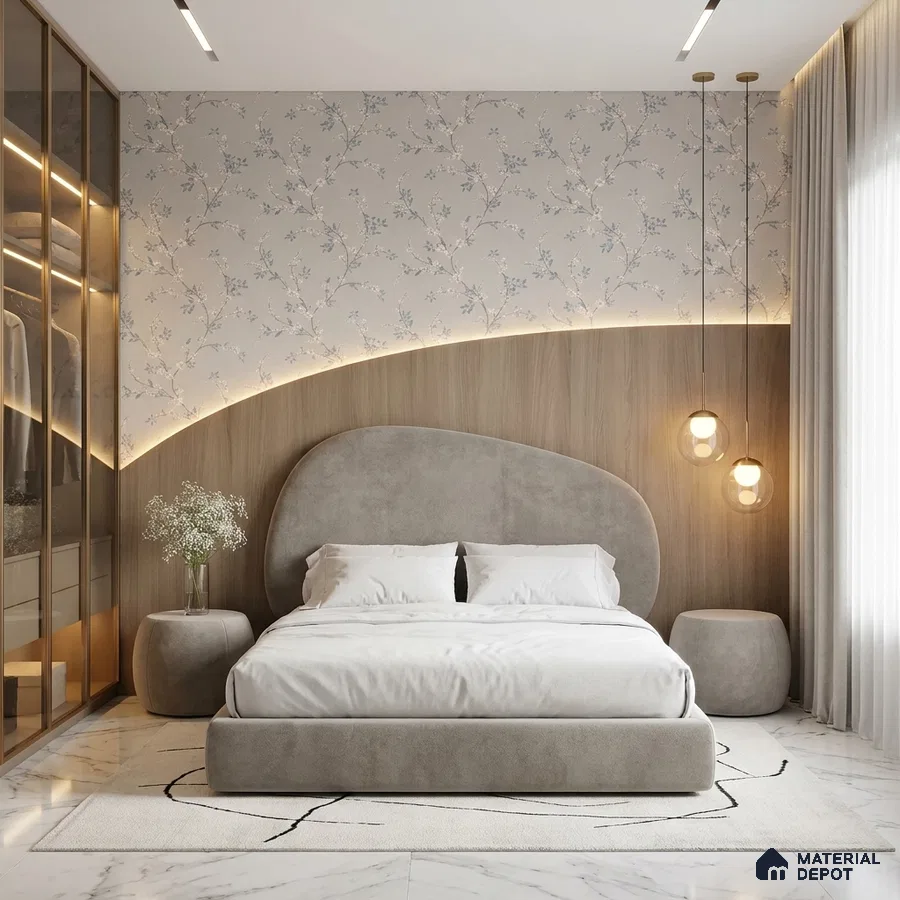 Japandi bedroom with suede upholstered bed, floral wallpaper, and light wood panel accent wall