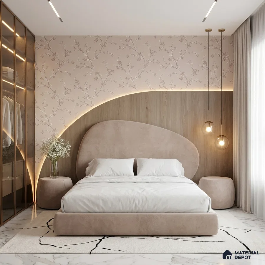 Japandi bedroom with suede upholstered bed, floral wallpaper, and light wood panel accent wall