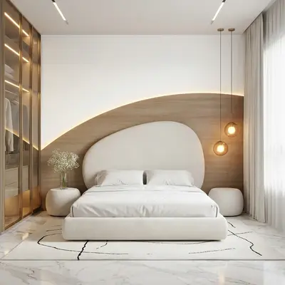 Minimalist bedroom with light wood panel accent wall and white marble flooring