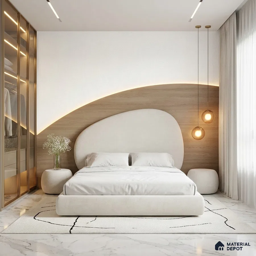 Minimalist bedroom with light wood panel accent wall and white marble flooring