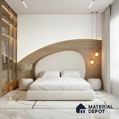 Minimalist bedroom with light wood panel accent wall and white marble flooring