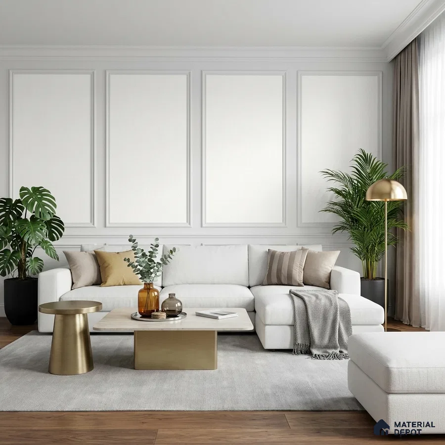 Modern living room with white fabric sofa, gold metal tables, and wooden flooring