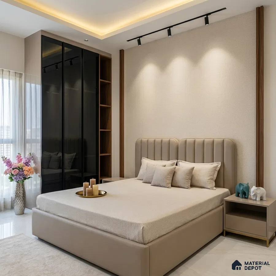 Modern bedroom with beige suede upholstered bed, taupe solid color laminate wardrobe, and marble floor tile