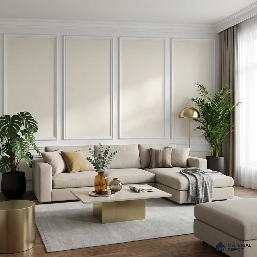 Modern living room with beige fabric sofa, white wall moulding, and light oak wooden flooring