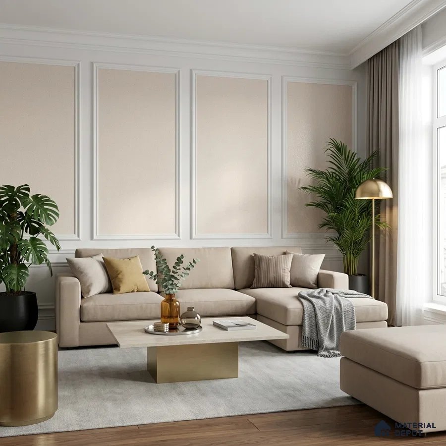 Modern living room with beige fabric sofa, gold metal accents, and wood flooring