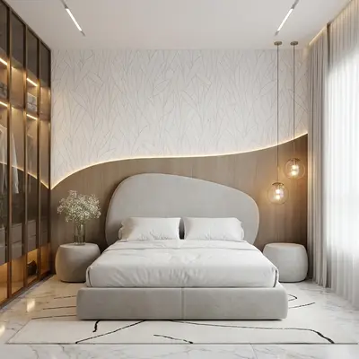Minimalist bedroom with suede upholstered bed, light wood panel accent wall, and marble floor tile
