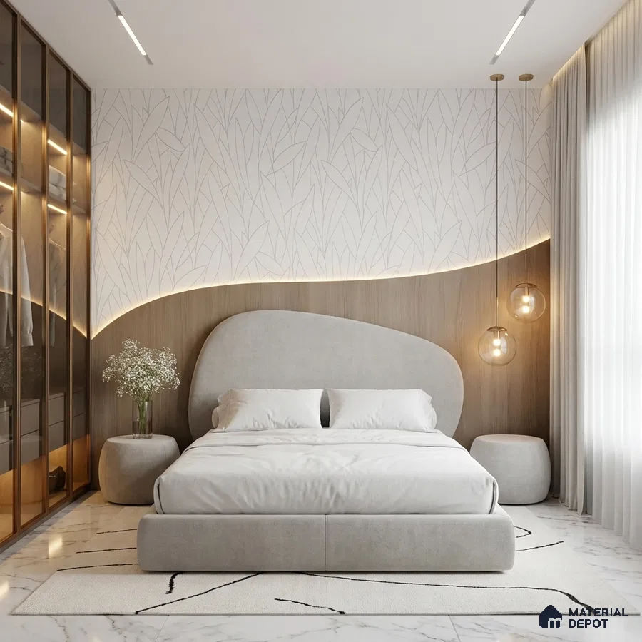 Minimalist bedroom with suede upholstered bed, light wood panel accent wall, and marble floor tile