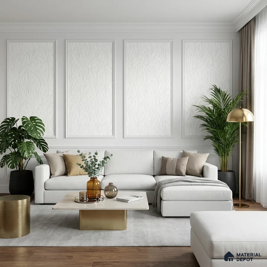 Modern living room with white textured wallpaper, brass accents, and wooden flooring