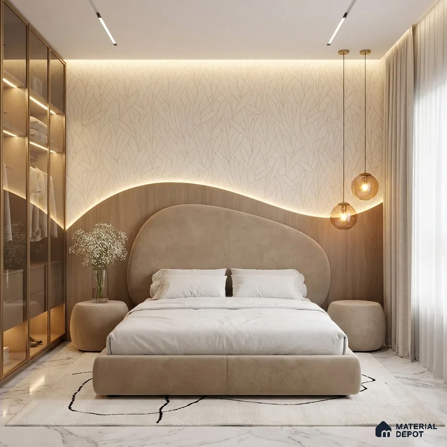 Minimalist bedroom with suede upholstered bed, light wood paneling, and marble floor tile