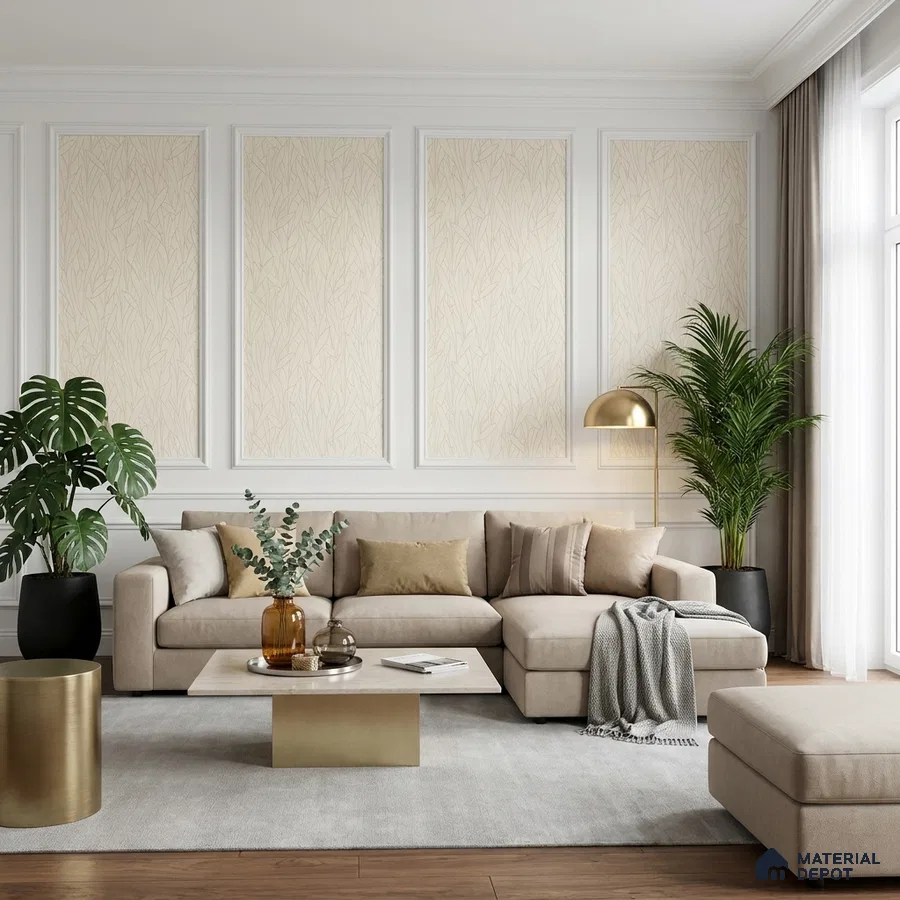 Modern living room with beige patterned wallpaper, gold accent table, and light wood flooring
