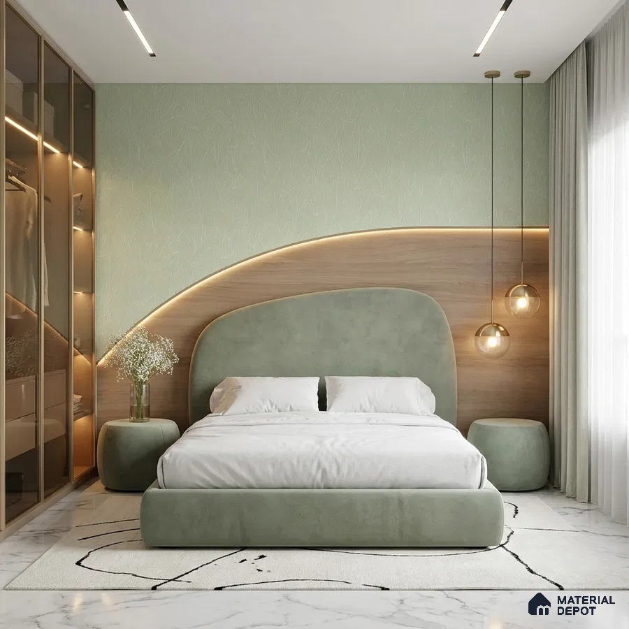 Japandi bedroom with sage green suede upholstered bed, light wood panel accent wall, and marble floor tile