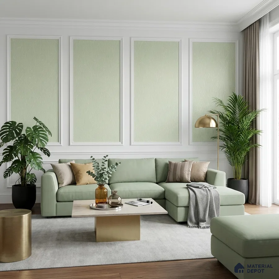 Modern living room with sage green fabric sofa, pastel green wallpaper panels, and gold accent table