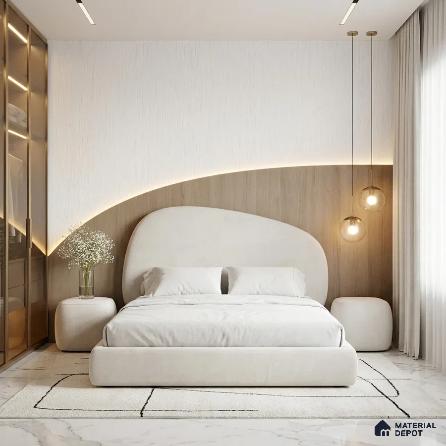 Minimalist bedroom with suede upholstered bed, light wood panel accent wall, and marble floor tile