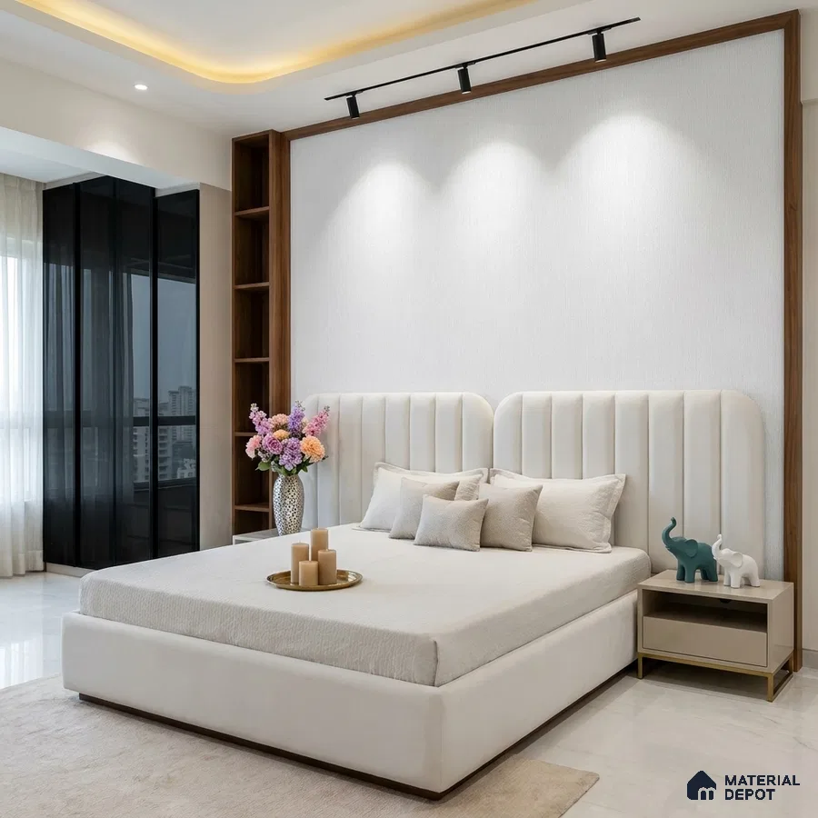 Modern bedroom with suede upholstered bed, walnut wood frame, and ivory textured wall panel