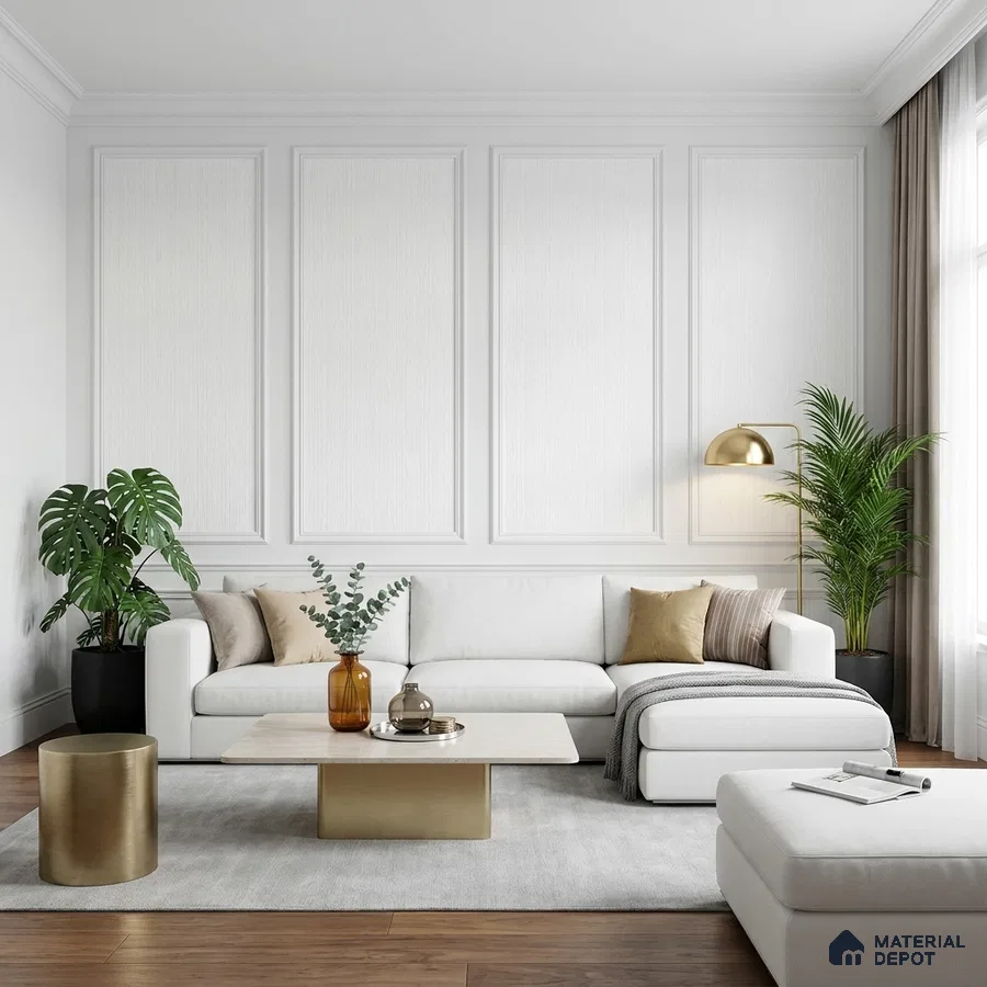 Modern living room with white wall panels, beige fabric sofa, and wooden flooring