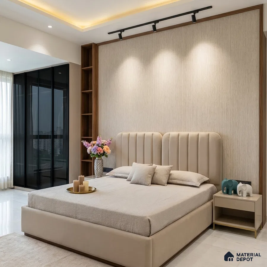 Modern bedroom with beige suede upholstered bed, light textured wallpaper, and wooden accent shelving