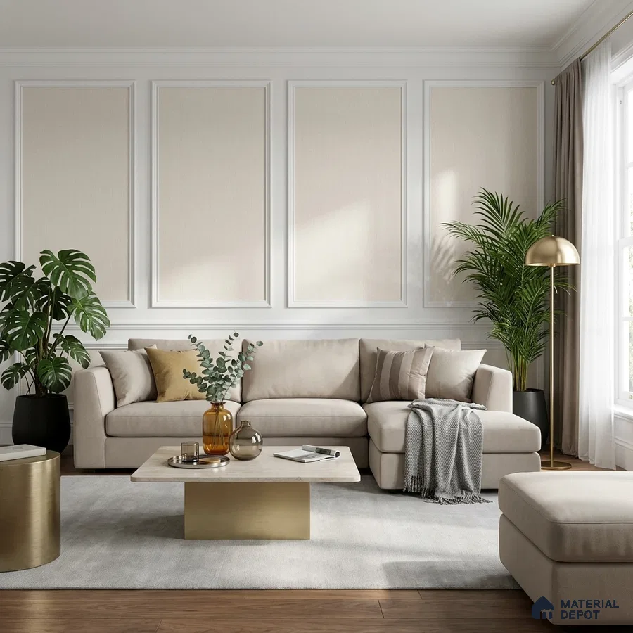 Modern living room with beige fabric sofa, gold accent coffee table, and wood flooring
