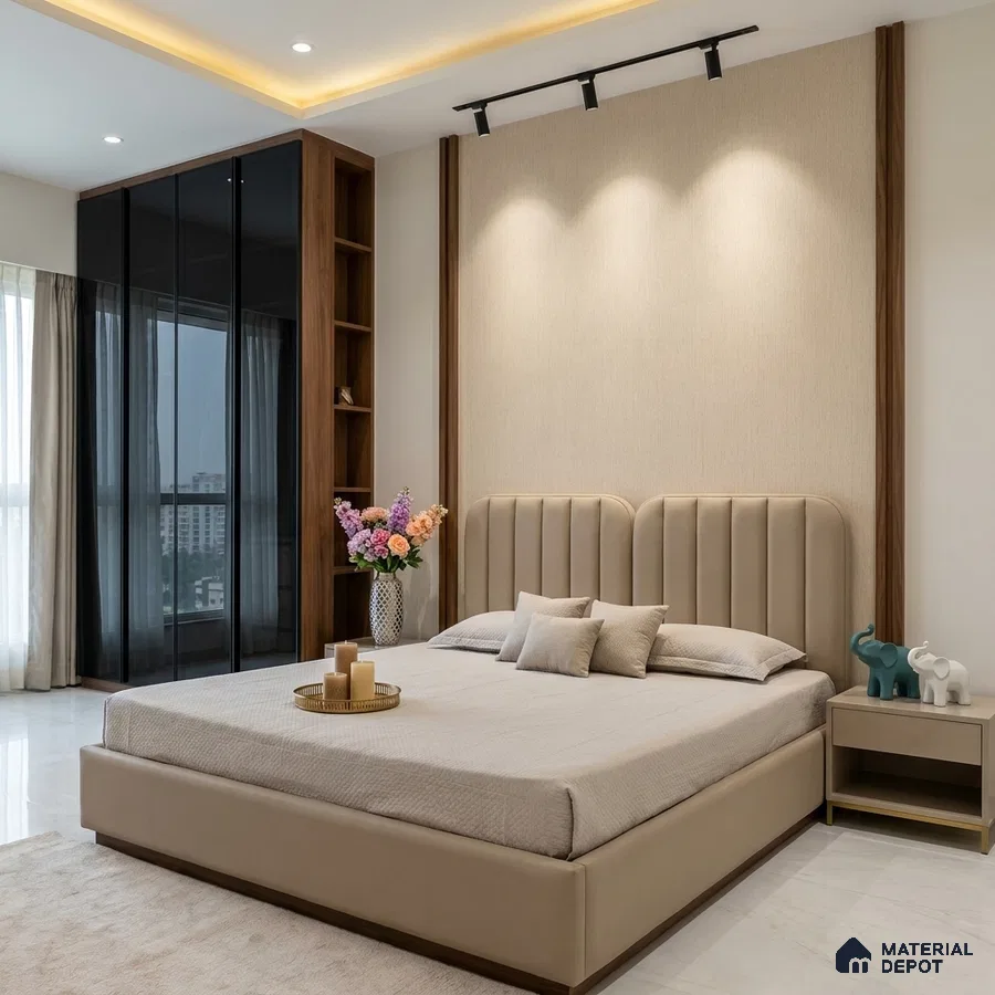 Modern bedroom with beige suede upholstered bed, walnut wood wardrobe, and fabric wall panel