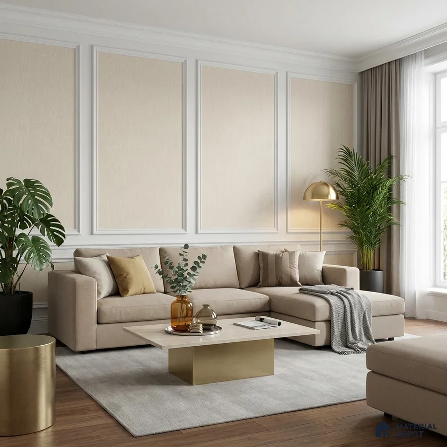 Modern living room with beige fabric sofa, gold metal accents, and wood flooring