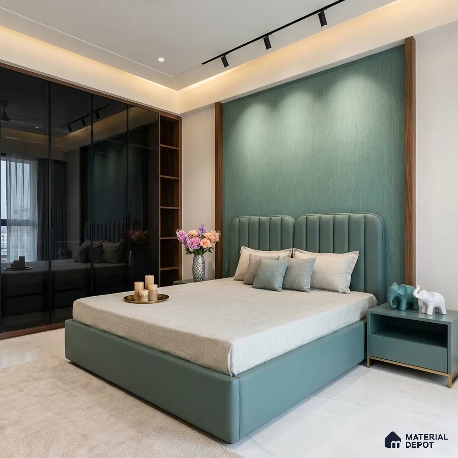 Modern bedroom with teal suede upholstered bed, textured accent wall, and glass wardrobe shutters