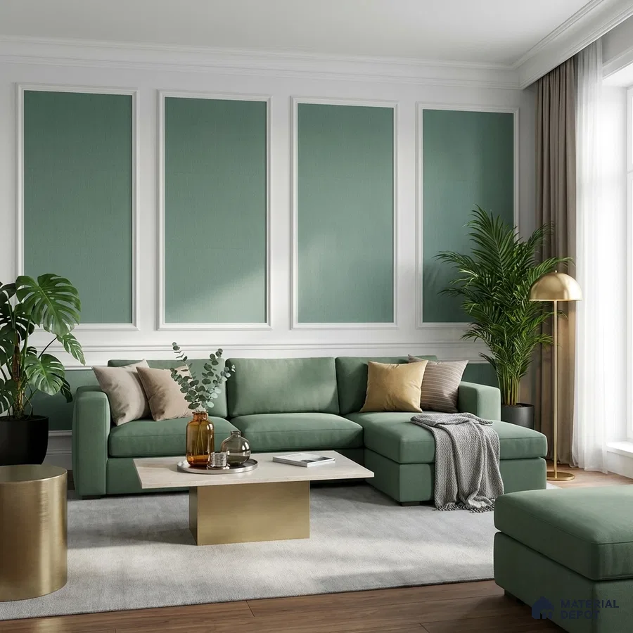 Modern living room with sage green fabric sofa, gold accent table, and paneled sage green wall