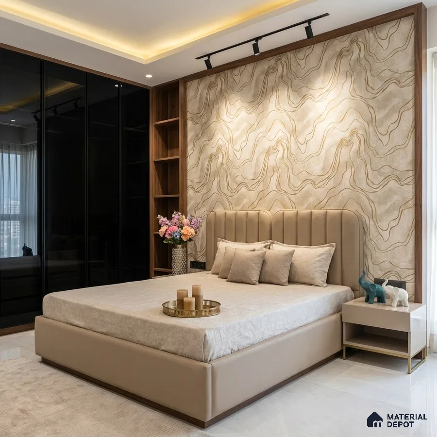 Modern bedroom with marble pattern wallpaper, beige suede upholstered bed, and black glass wardrobe