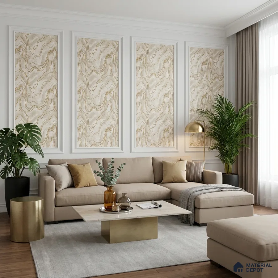Modern living room with marble-effect wallpaper panels and beige upholstery