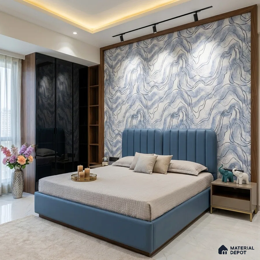Modern bedroom with blue abstract wallpaper, blue upholstered bed, and walnut wood wardrobe