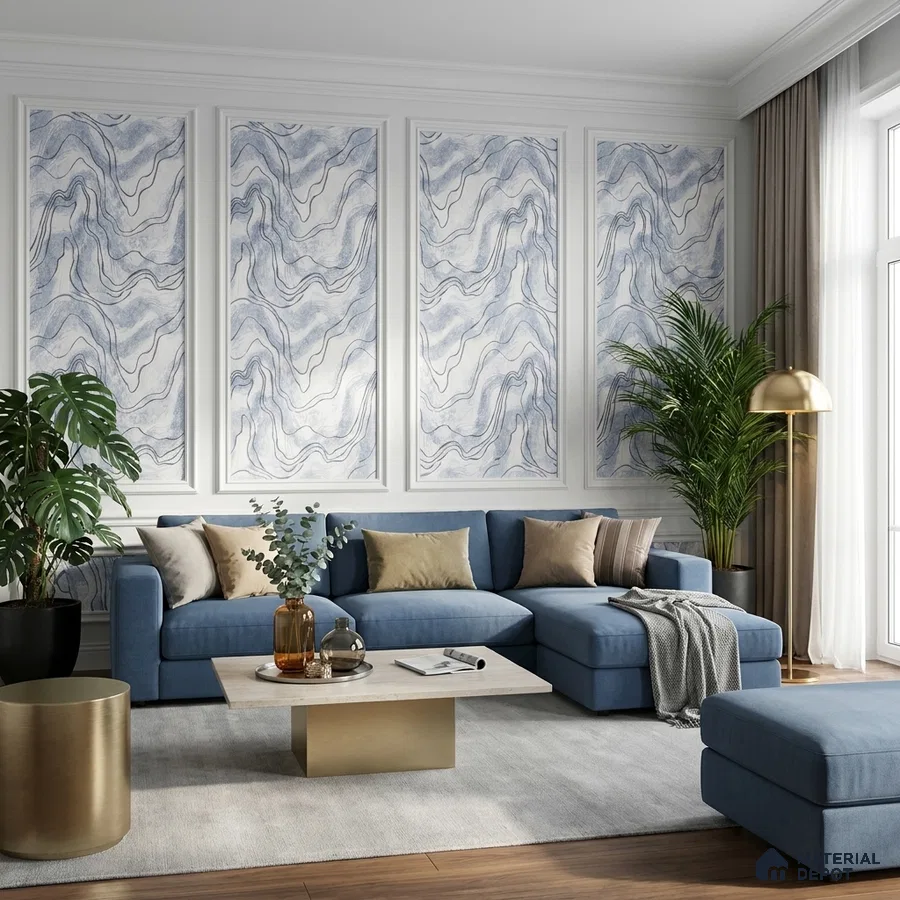 Modern living room with blue abstract wallpaper panels, blue fabric sectional, and light wood flooring