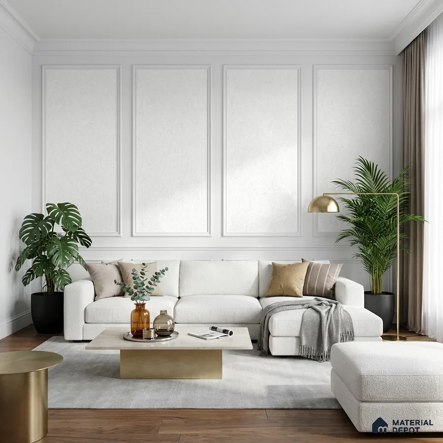 Modern living room with white fabric sofa, gold metal accents, and wooden flooring
