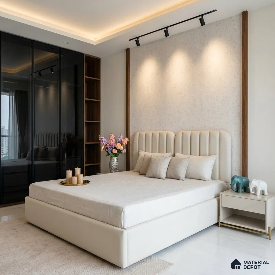 Modern bedroom with beige suede upholstered bed, glass wardrobe, and textured wall panel