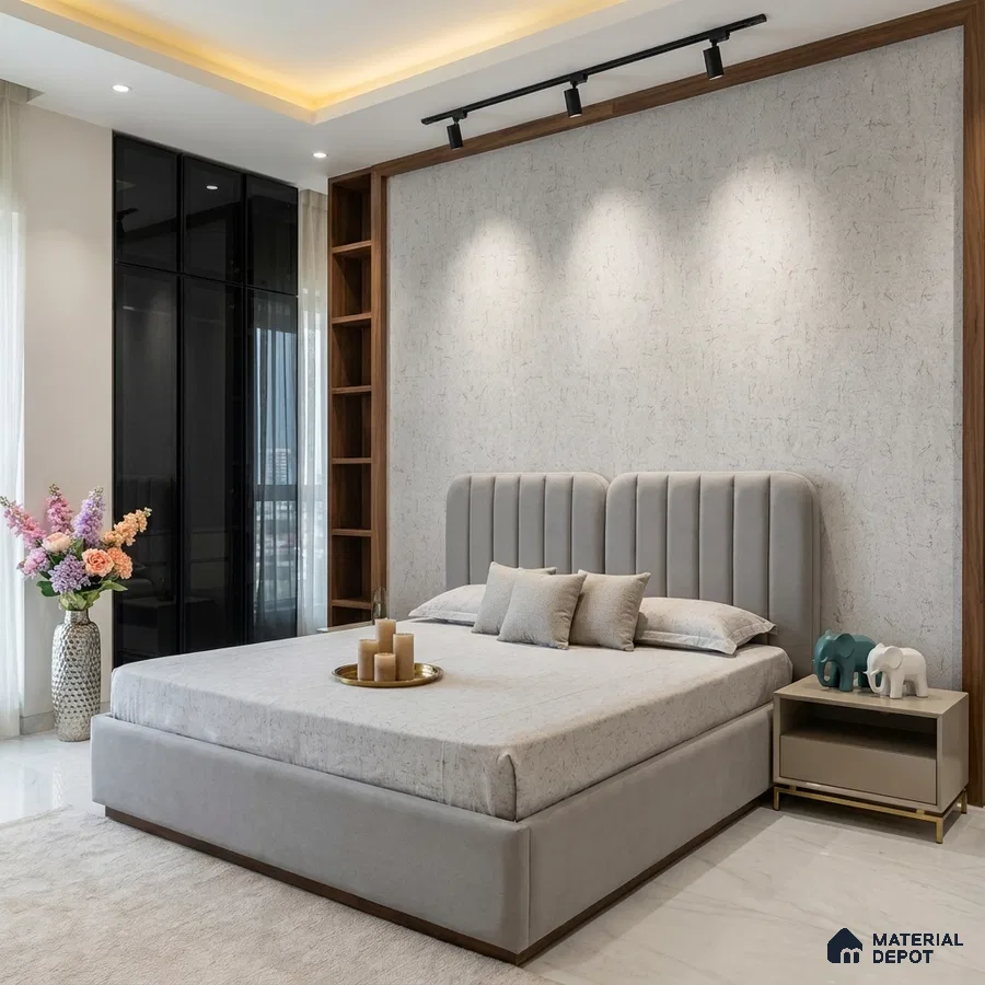 Modern bedroom with suede upholstered bed, textured beige wall panel, and marble floor tile