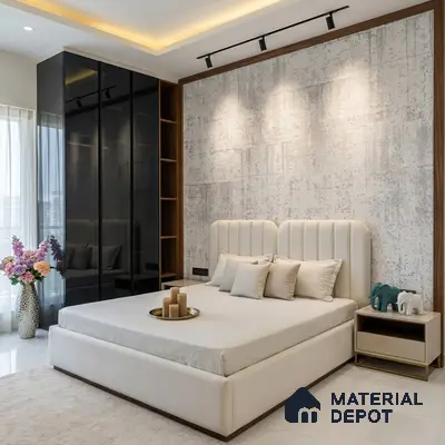 Modern bedroom with suede upholstered bed, grey textured wallpaper, and black glass wardrobe