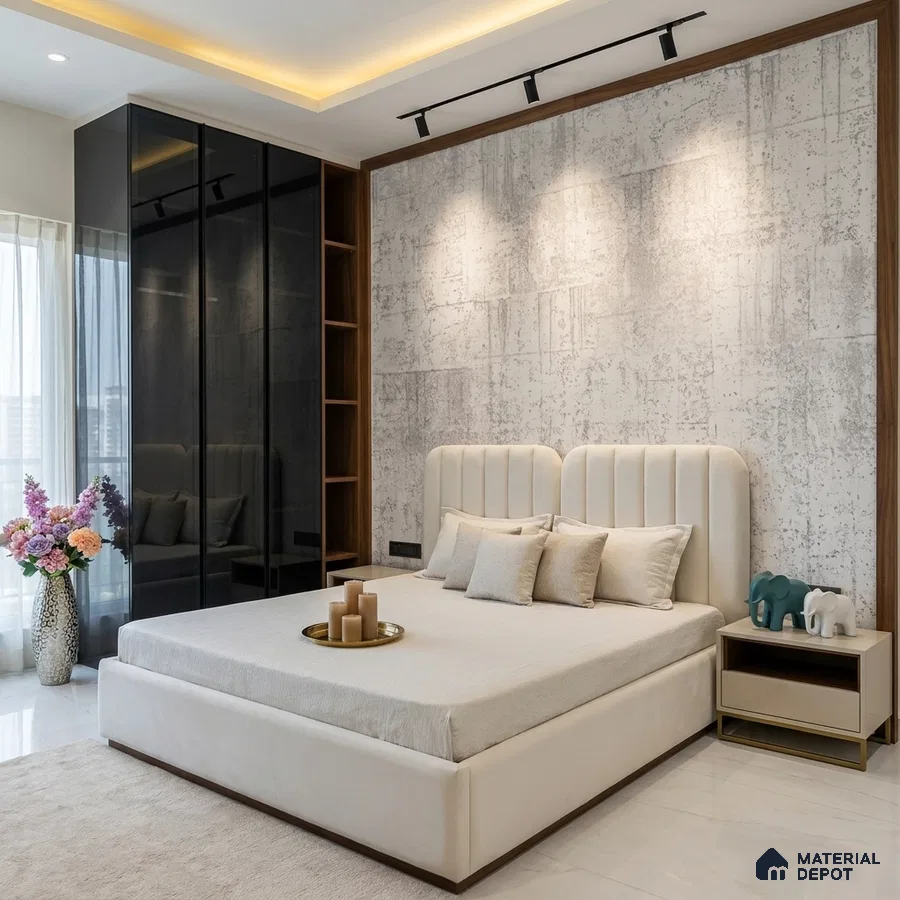 Modern bedroom with suede upholstered bed, grey textured wallpaper, and black glass wardrobe
