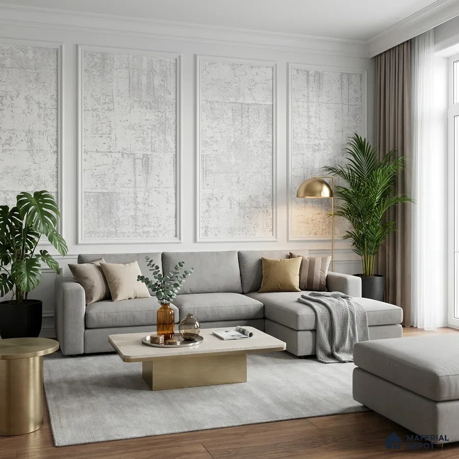 Modern living room with grey fabric sofa, white textured wall panels, and light oak wooden flooring