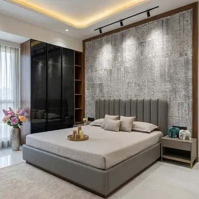 Modern bedroom with concrete finish wallpaper, grey upholstered bed, and black glass wardrobe